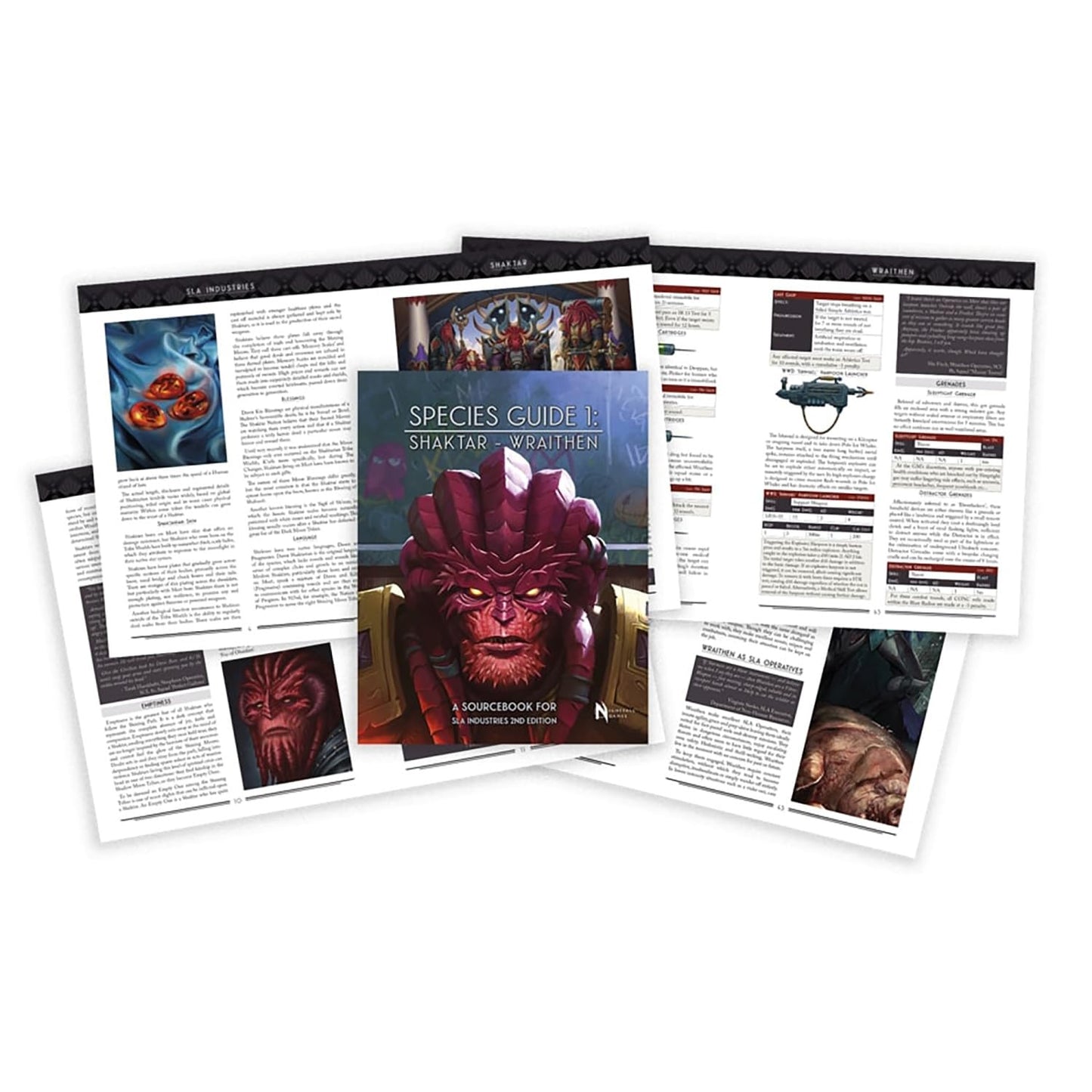 The SLA Industries 2nd Edition - Shaktar_Wraithen Character Book is displayed open with several pages fanned out, showing text and illustrations