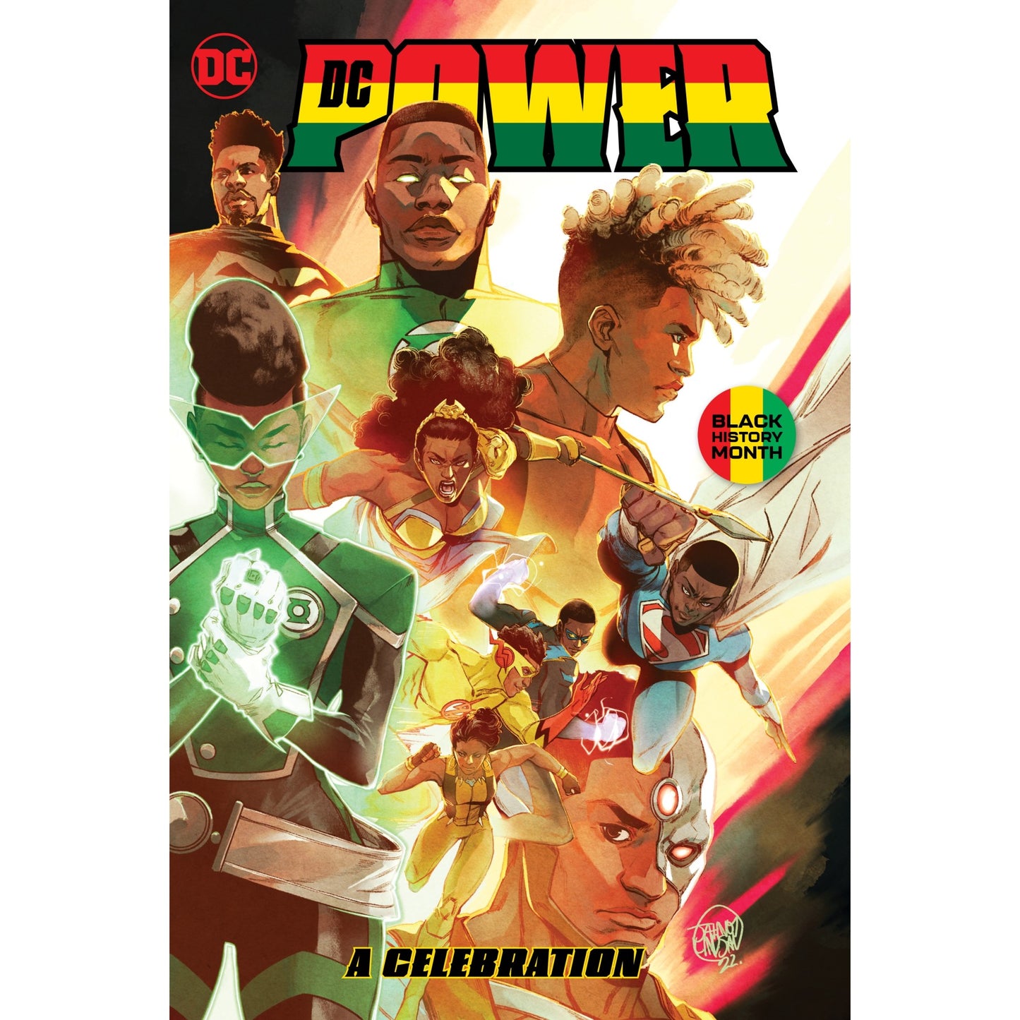 The DC Comics Power_ A Celebration graphic novel cover features a vibrant collage of various young, diverse superheroes, with the title in black, red, yellow, and green