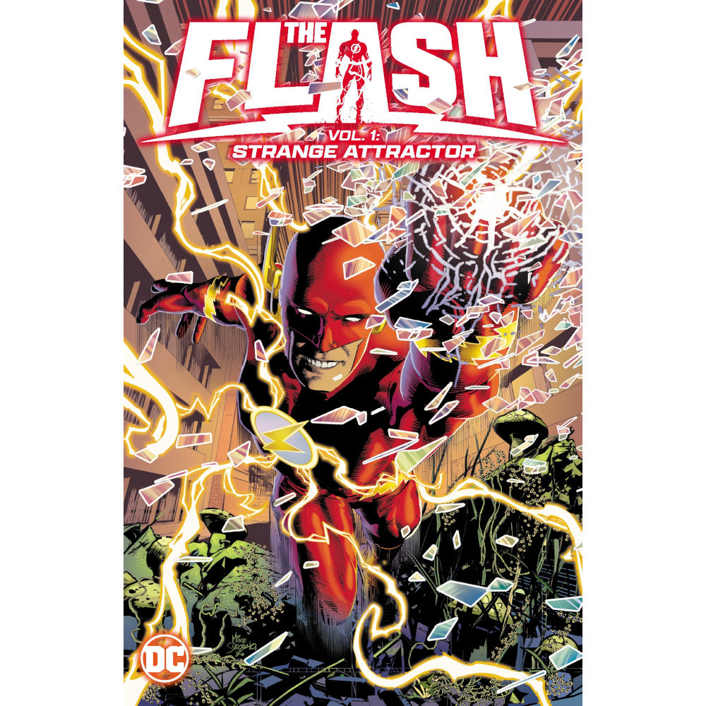 The Flash in red suit races forward, surrounded by yellow lightning and breaking shards. Comic cover: Strange Attractor