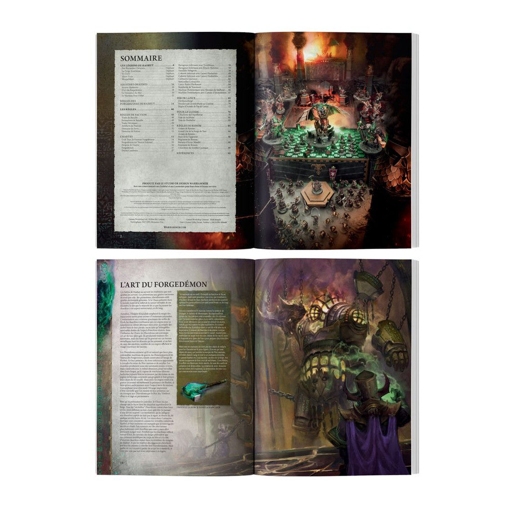 An open Helsmiths of Hashut Battletome displays the table of contents next to a detailed miniature battle diorama and striking artwork of a huge chained daemon engine