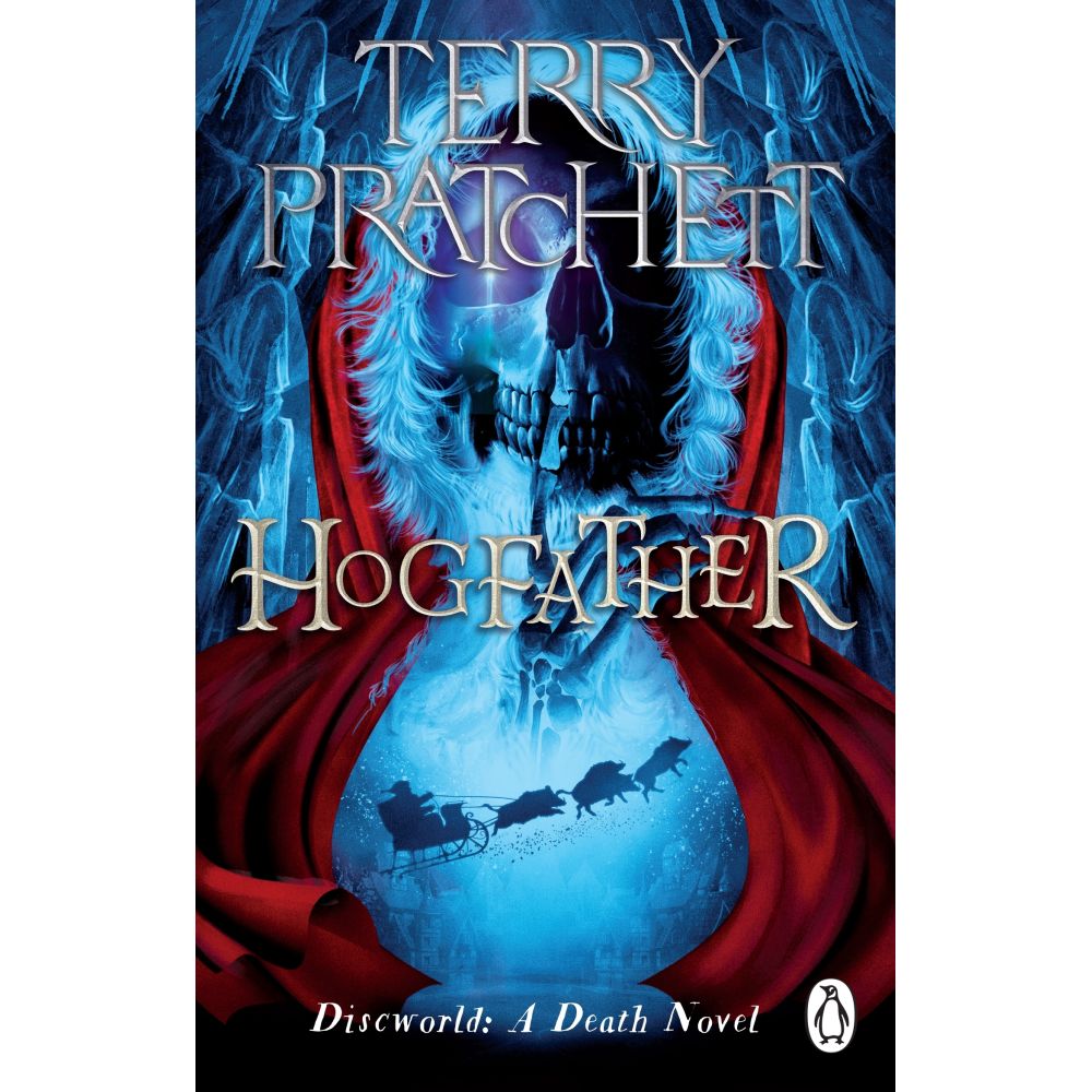Terry Pratchett's Discworld: Hogfather book cover, death, dressed as the Hogfather, with a red robe, white beard, and glowing blue eyes, above a sleigh pulled by boars