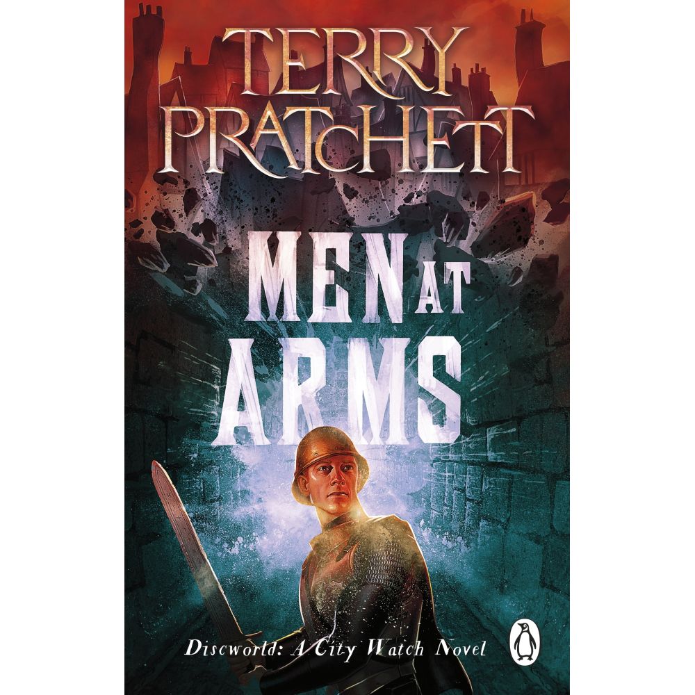 Terry Pratchett's 'Men at Arms' cover: A soldier in chainmail and helmet with a sword stands before a dark, crumbling city
