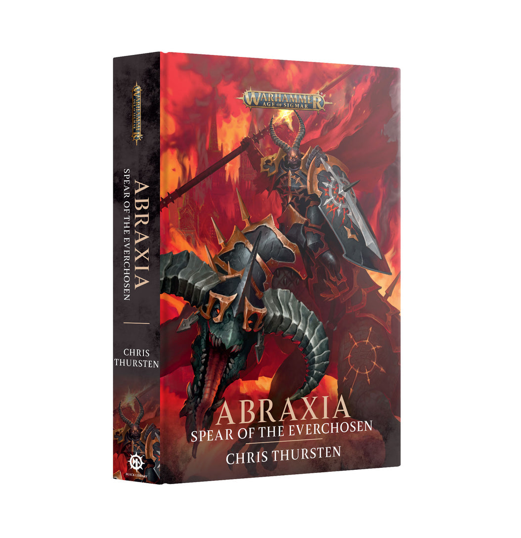 A dynamic image of the Abraxia Spear of the Everchosen novel showing a dark armored warrior fighting a horned monster on a fiery red background