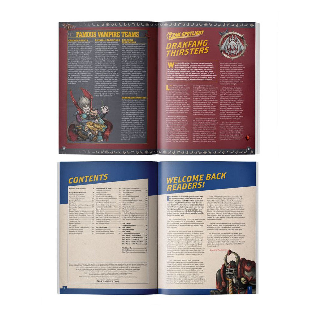 Open Blood Bowl game rulebook showing an article on "Famous Vampire Teams" and the table of contents