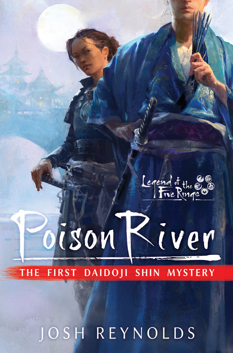 Legend of the Five Rings Poison River novel cover with samurai in blue and dark clothing against a full moon