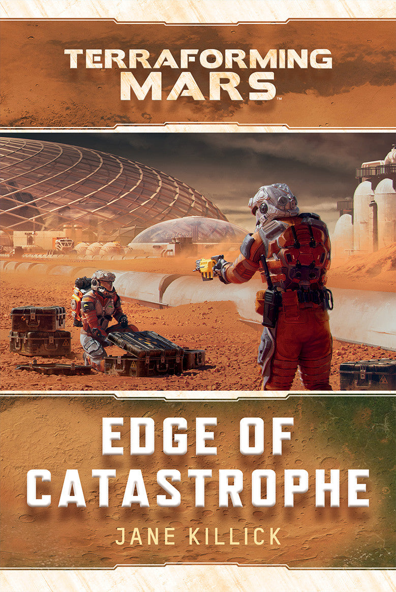 Terraforming Mars Edge of Catastrophe book cover featuring two astronauts on Mars and large dome structures