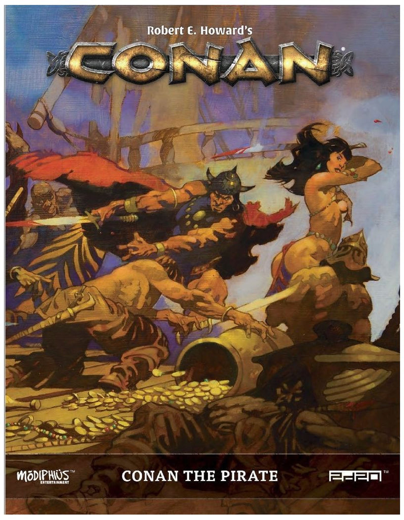 Conan and other warriors battle on a pirate ship deck, surrounded by scattered gold coins. Cover for Conan the Pirate.