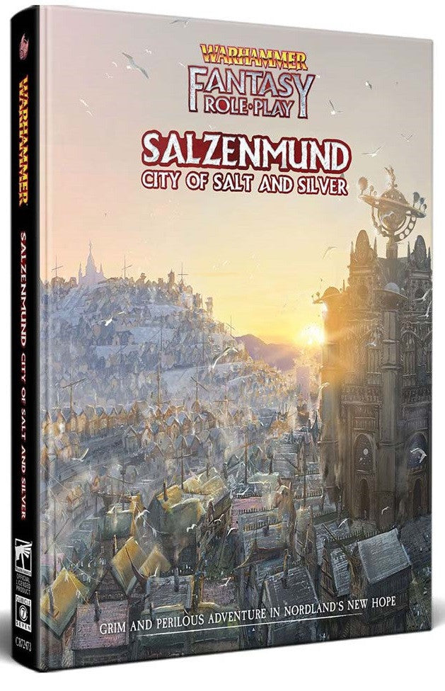 Warhammer Fantasy Roleplay Salzenmund City of Salt and Silver hardcover book with detailed city illustration at sunset