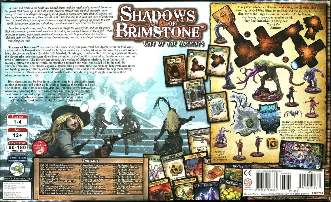 The back of the Shadows of Brimstone City of the Ancients game box features descriptive text, modular map tiles, miniature figures, and game cards