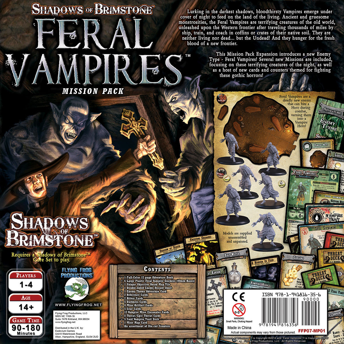 The Shadows of Brimstone Feral Vampires Mission Pack box depicts a person warding off two monstrous vampires, alongside game miniatures and cards