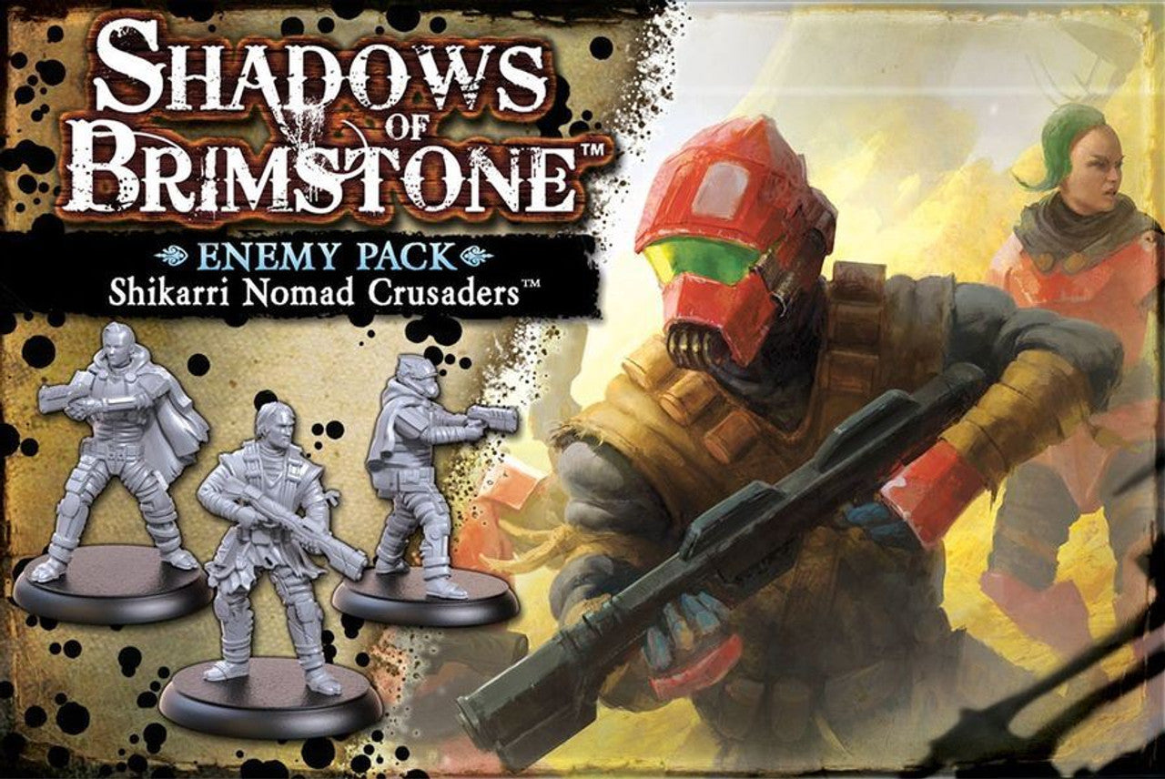 Shadows of Brimstone Shikarri Nomad Crusaders Enemy Pack showing three grey unpainted miniatures and character artwork of two figures including one in a red helmet