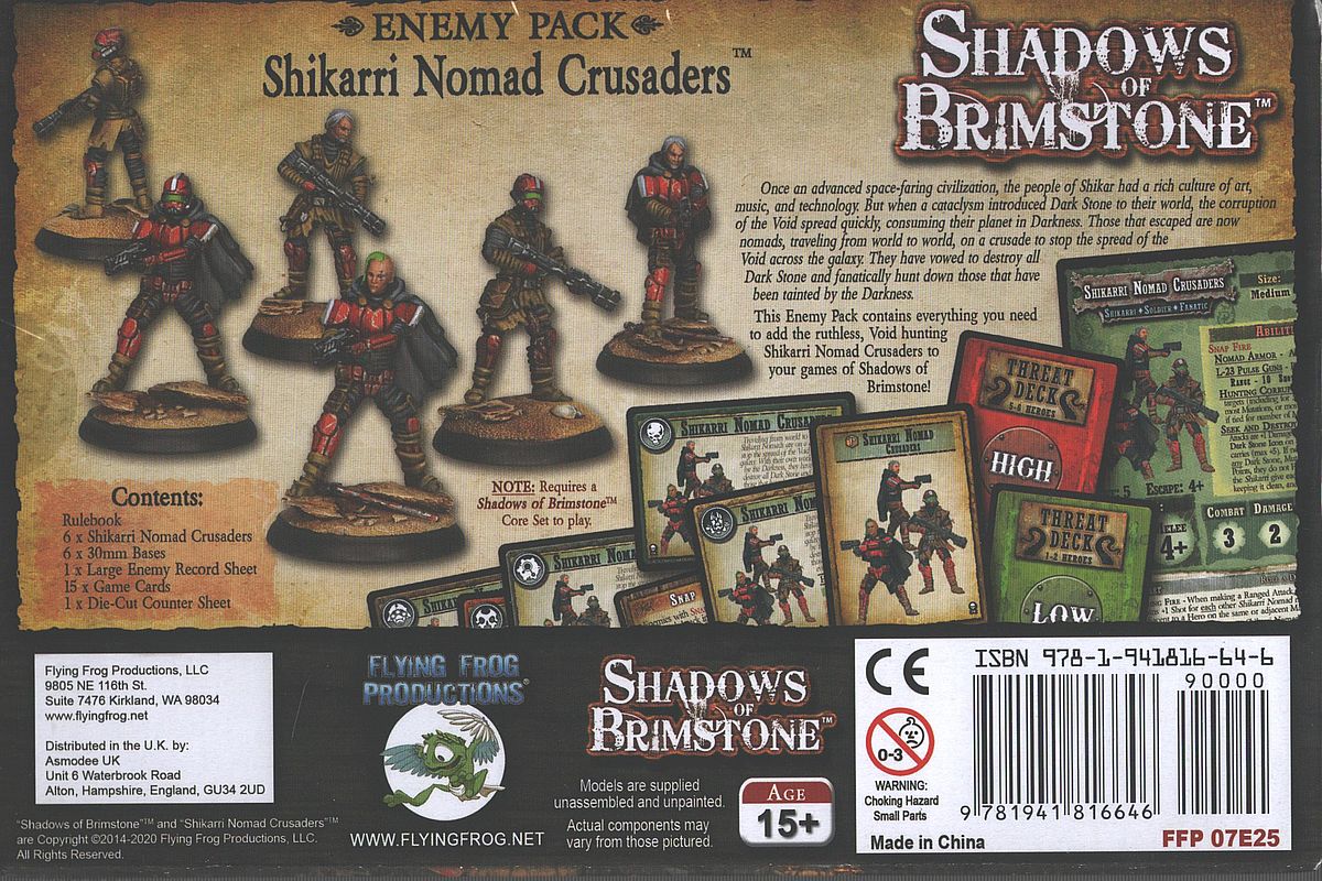 The Shadows of Brimstone Shikarri Nomad Crusaders Enemy Pack box displays multiple armed futuristic miniatures in red and brown armor, along with various game cards and a barcode