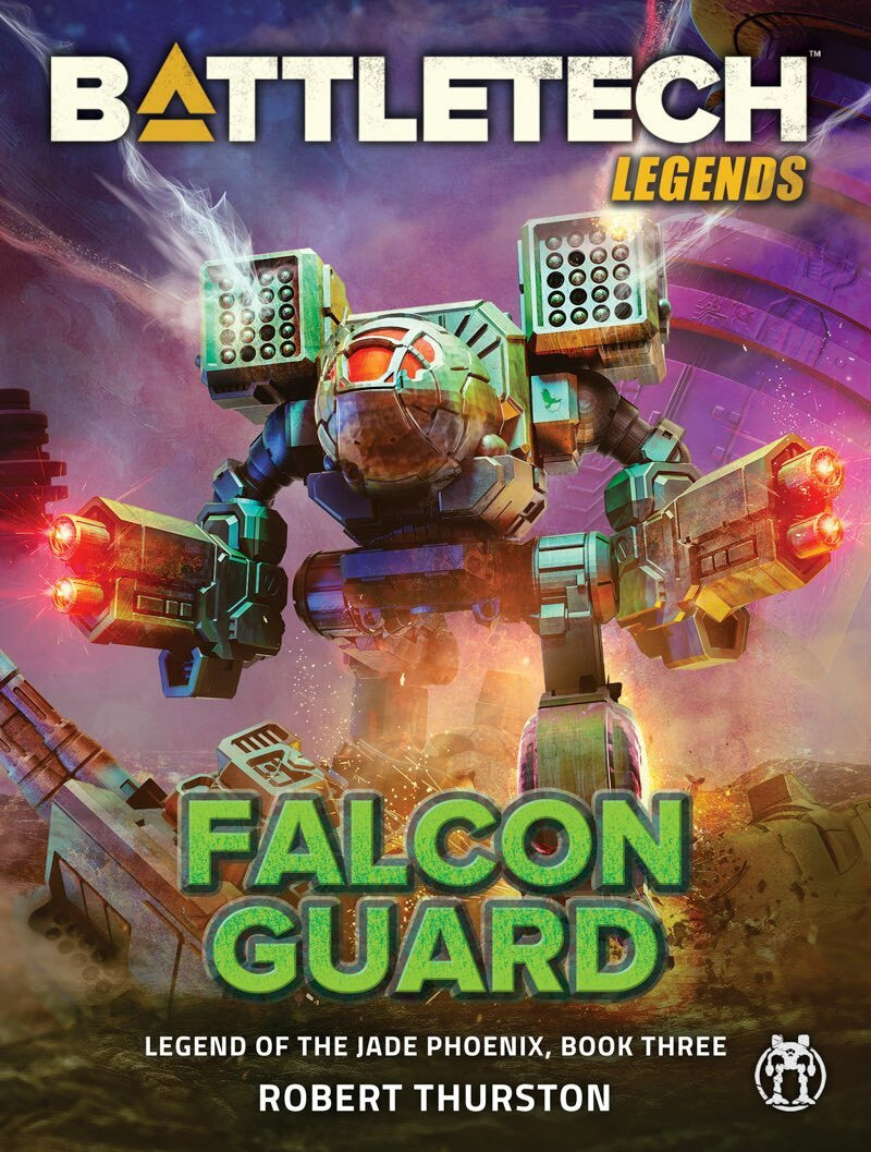 Battletech Legends Falcon Guard book cover featuring a green BattleMech on a battlefield with laser fire