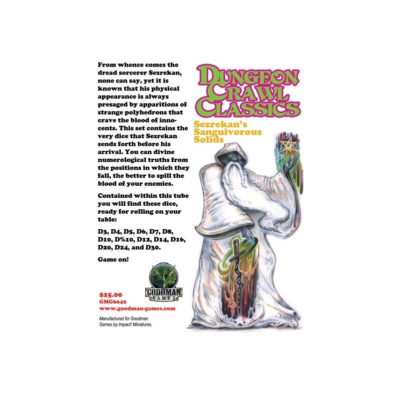 Dungeon Crawl Classics logo. Hooded wizard in white robes holds a magical object and a tube with a dark, twisted item and dripping blood, text describes Sezrekan's Sanguivorous Solids polyhedral dice set