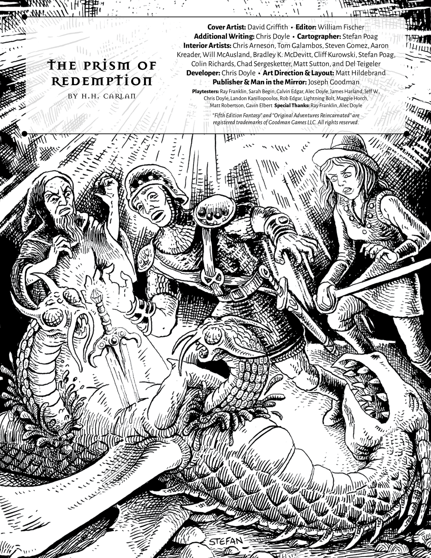 Fantasy illustration: A wizard, warrior, and female fighter battle a multi-headed serpent monster with swords and magic