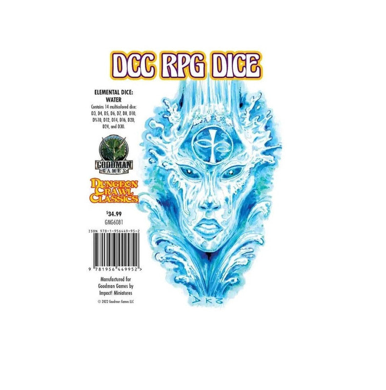 DCC RPG Dice "Water" set cover, features a blue, spectral water elemental face