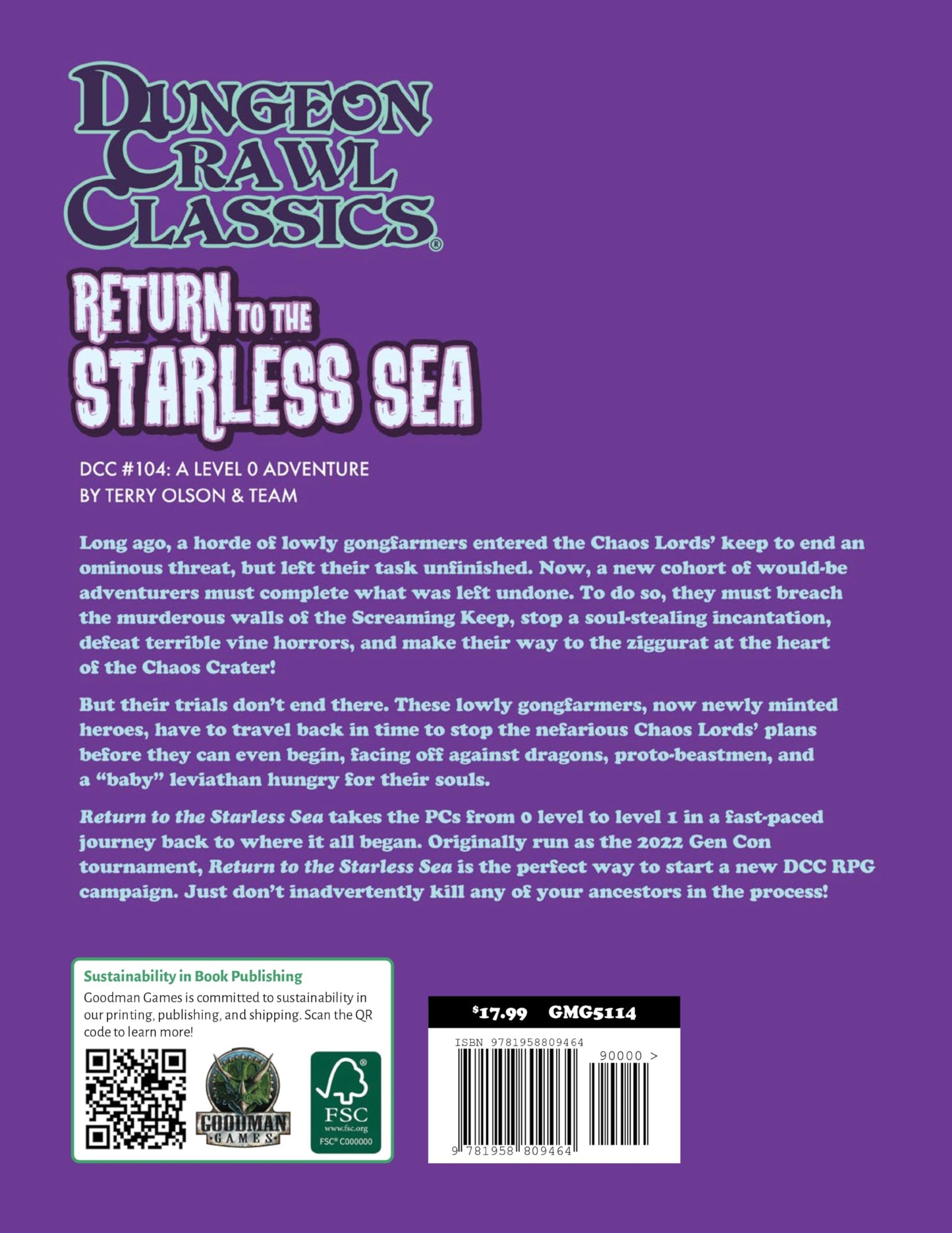 The purple cover of the Dungeon Crawl Classics Return to the Starless Sea book, DCC #104, displays the title in white with a summary of the adventure
