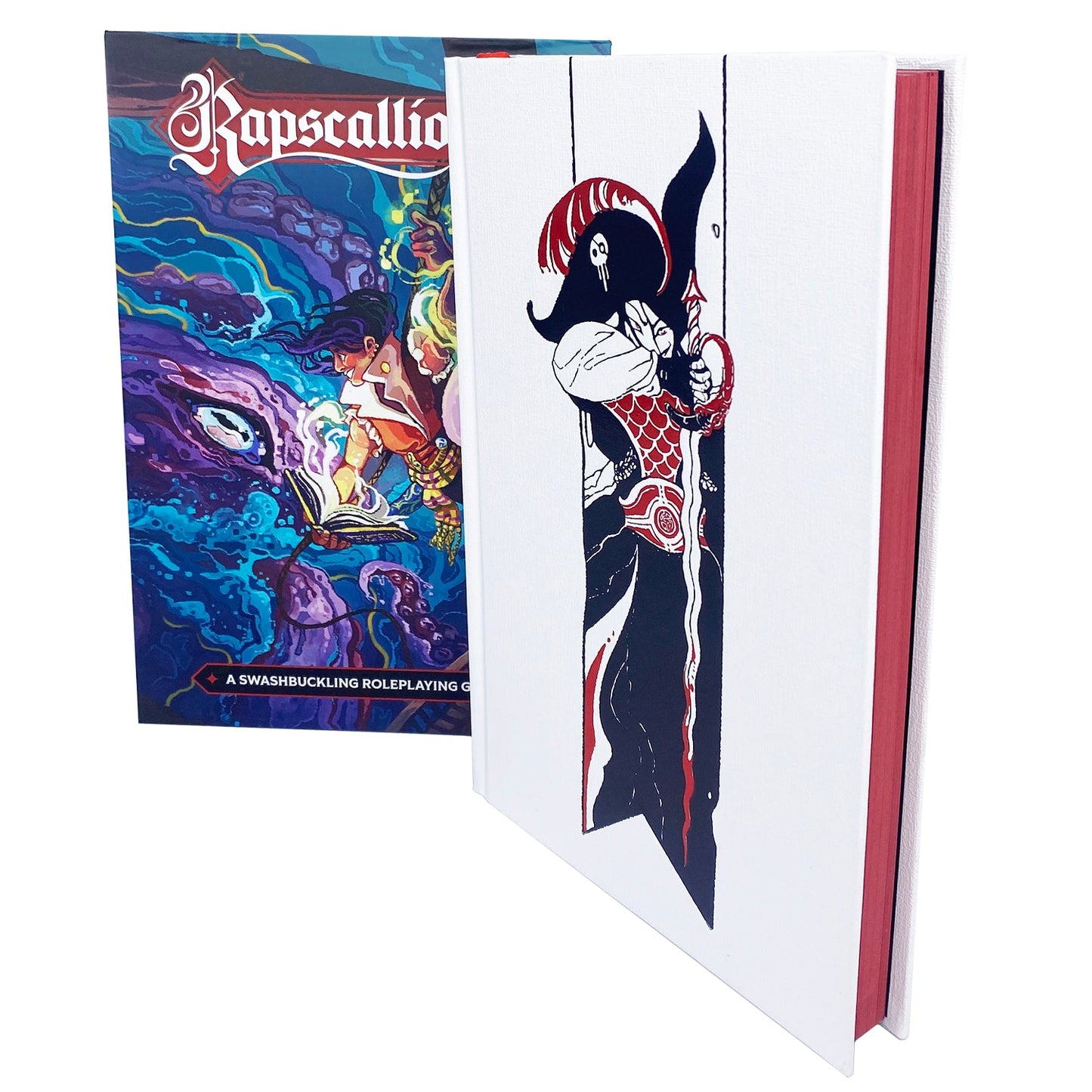 The Rapscallion Deluxe Core Book shows its colourful dust jacket next to the open white cover with red pages and a black and red pirate illustration