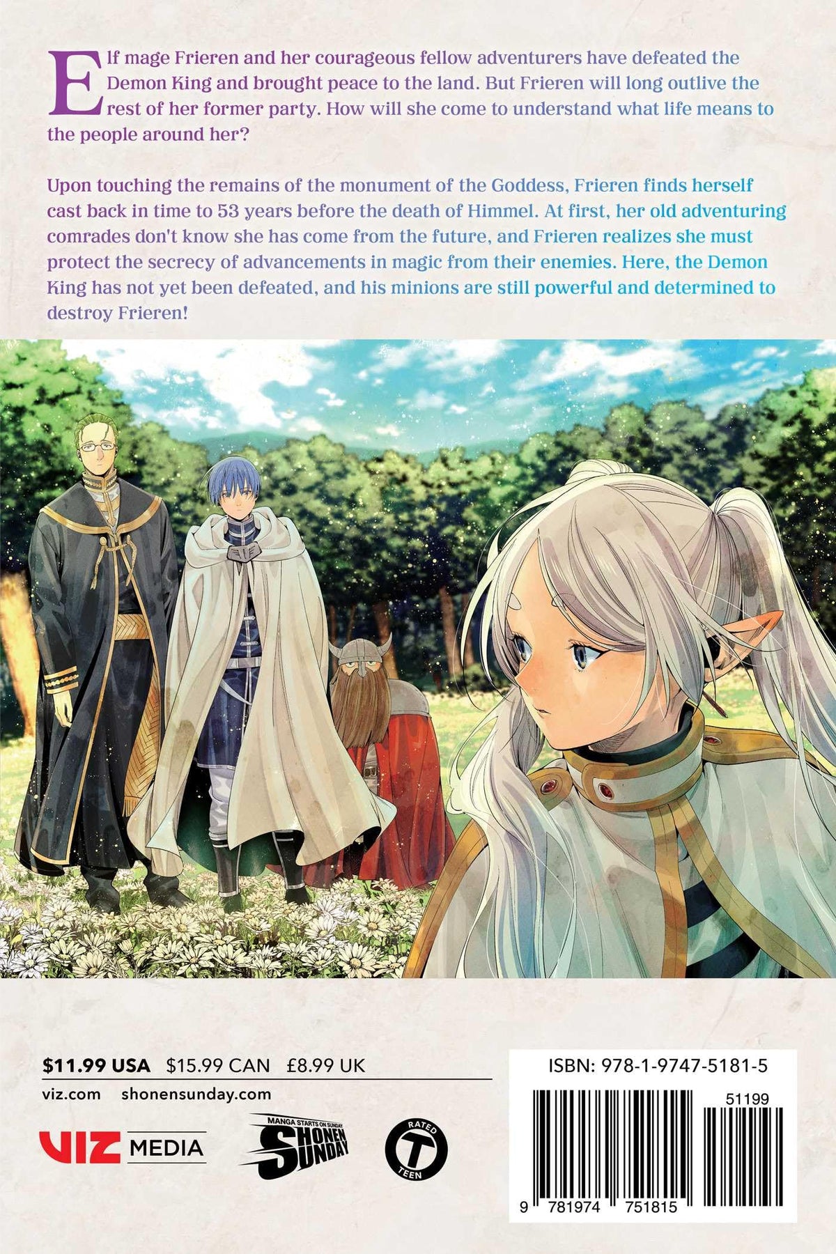 The Frieren_ Beyond Journey's End Volume 12 Book cover shows an elf girl with white hair and pointed ears looking left, with three male adventurers in a forest