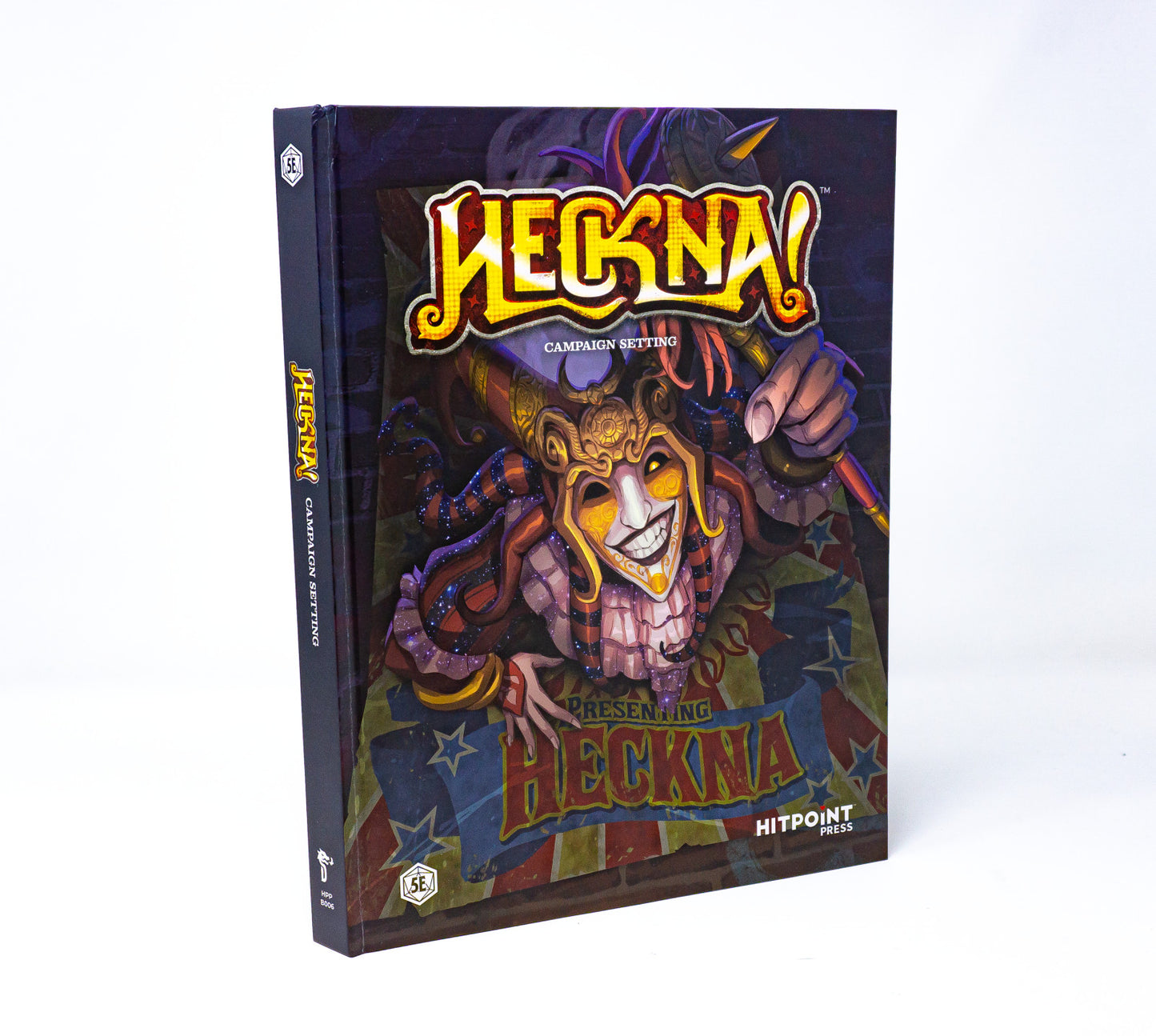 Hardcover book, Heckna! Campaign Setting 5E, features a creepy jester pointing on its cover.