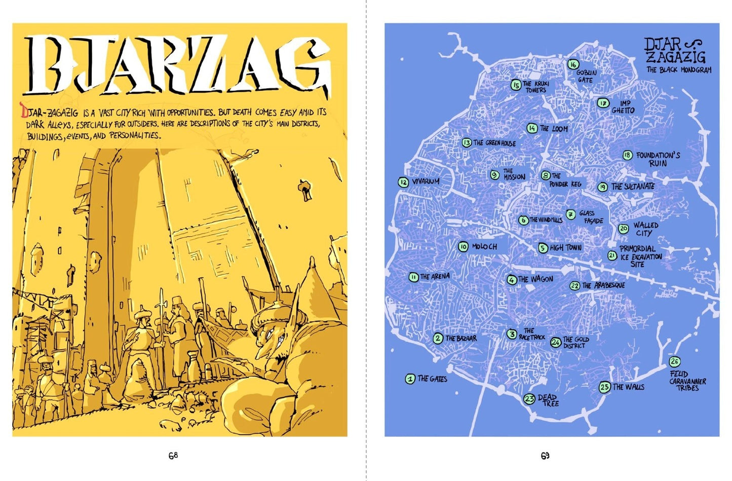 Two book pages display, the left a yellow illustration of a fantasy city market with people, the right a blue map of Djar Zagazig with 26 numbered districts