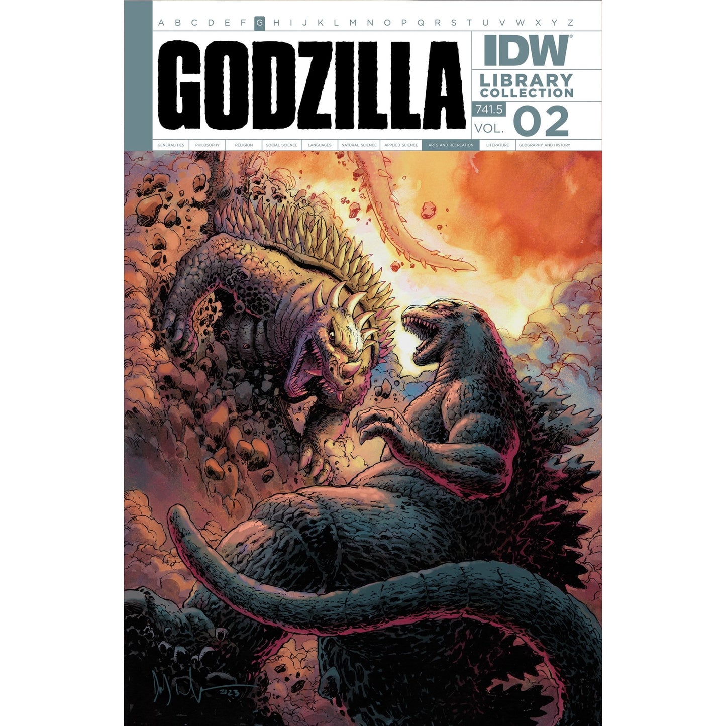 The Godzilla Library Collection Volume 2 Book cover shows Godzilla and another spiky monster fiercely battling amidst debris and explosions under an orange sky