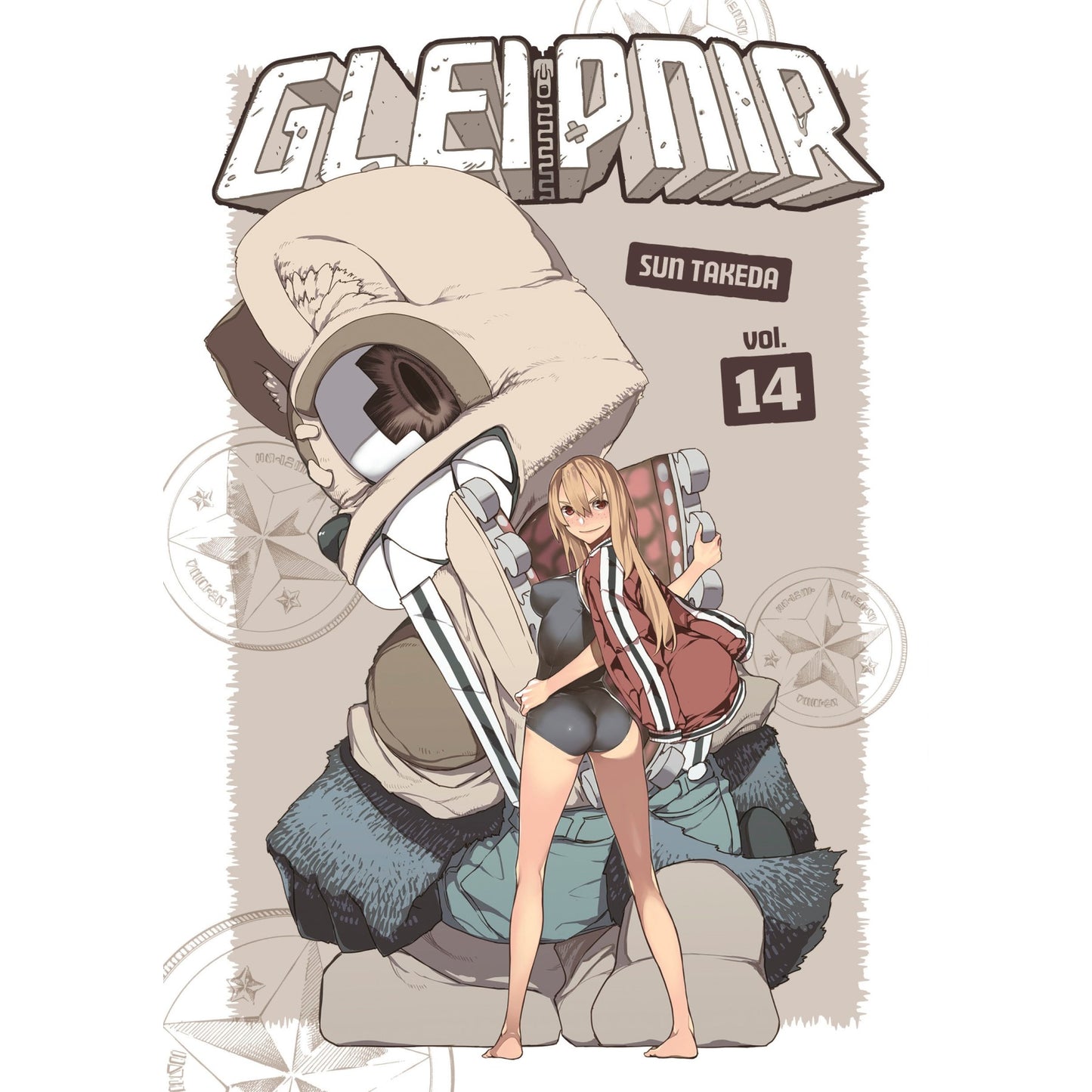 Gleipnir Vol. 14 cover: Blonde girl in swimsuit and red jacket clings to a huge, hooded creature