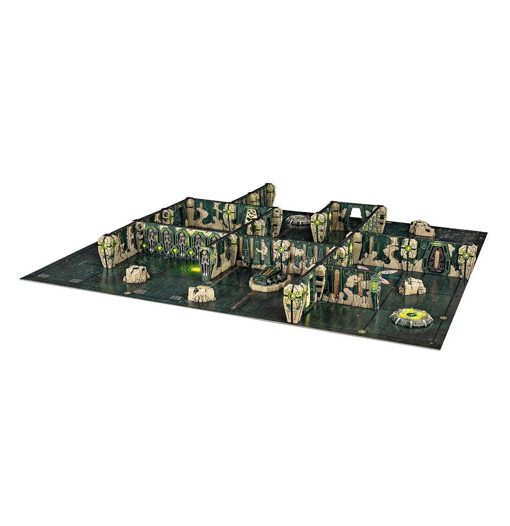 Dark sci-fi modular dungeon terrain with towering walls, ancient glyphs, and vibrant green lighting elements
