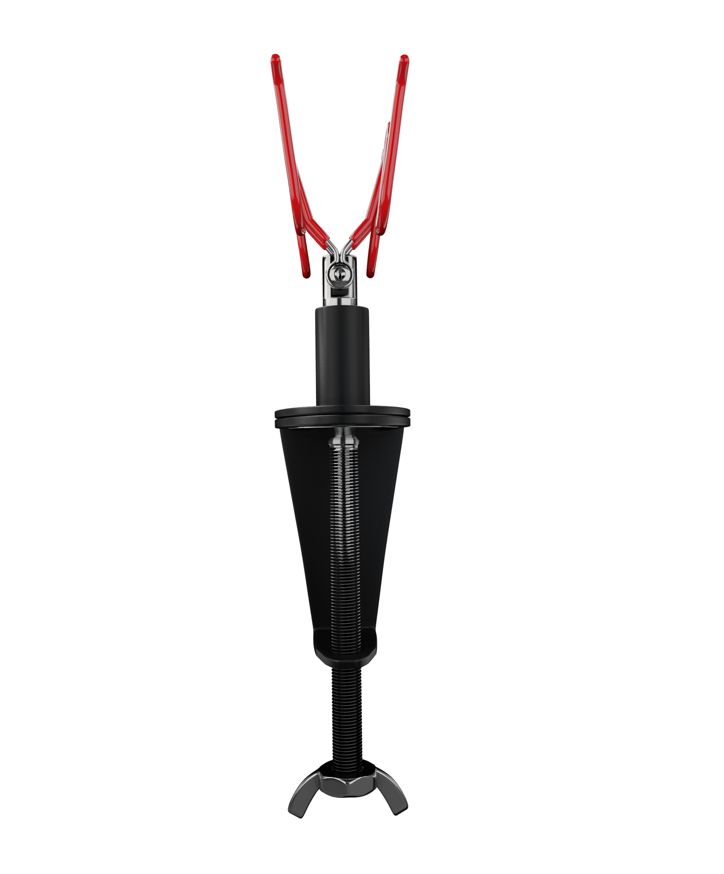 A black and red fishing rod holder with two curved red arms and a threaded base