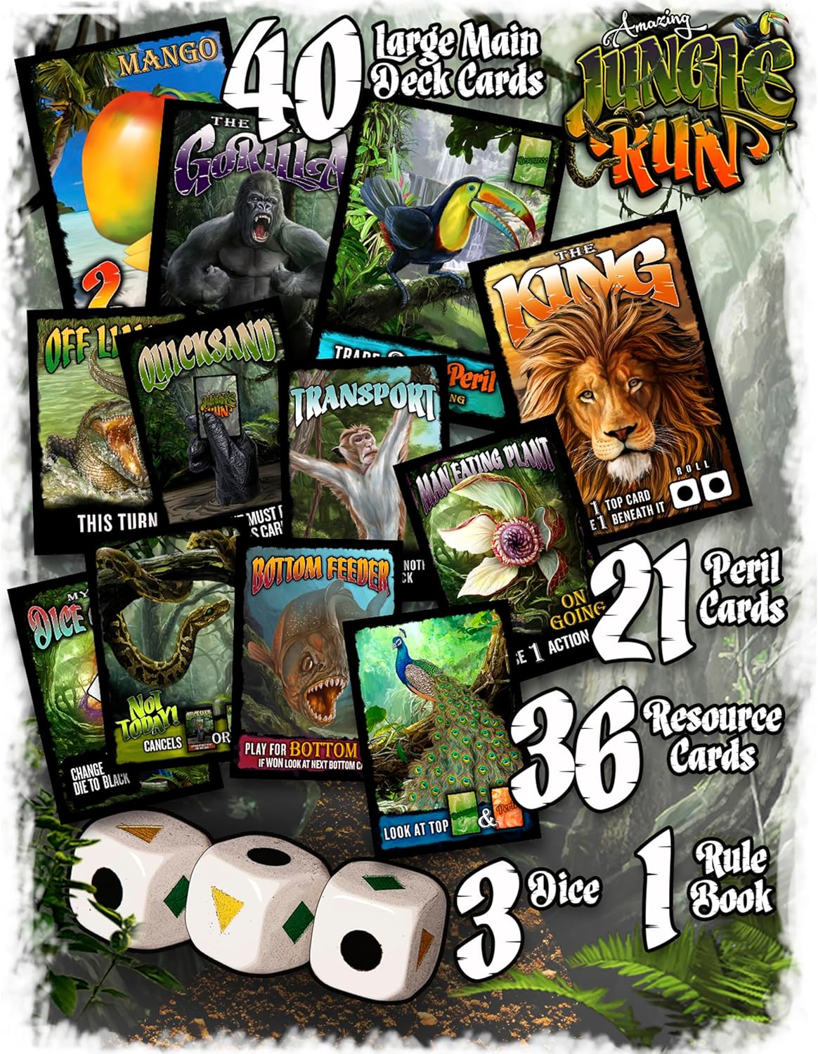 Full display of Amazing Jungle Run components including cards, dice, playmat, and illustrated box arranged on a white surface