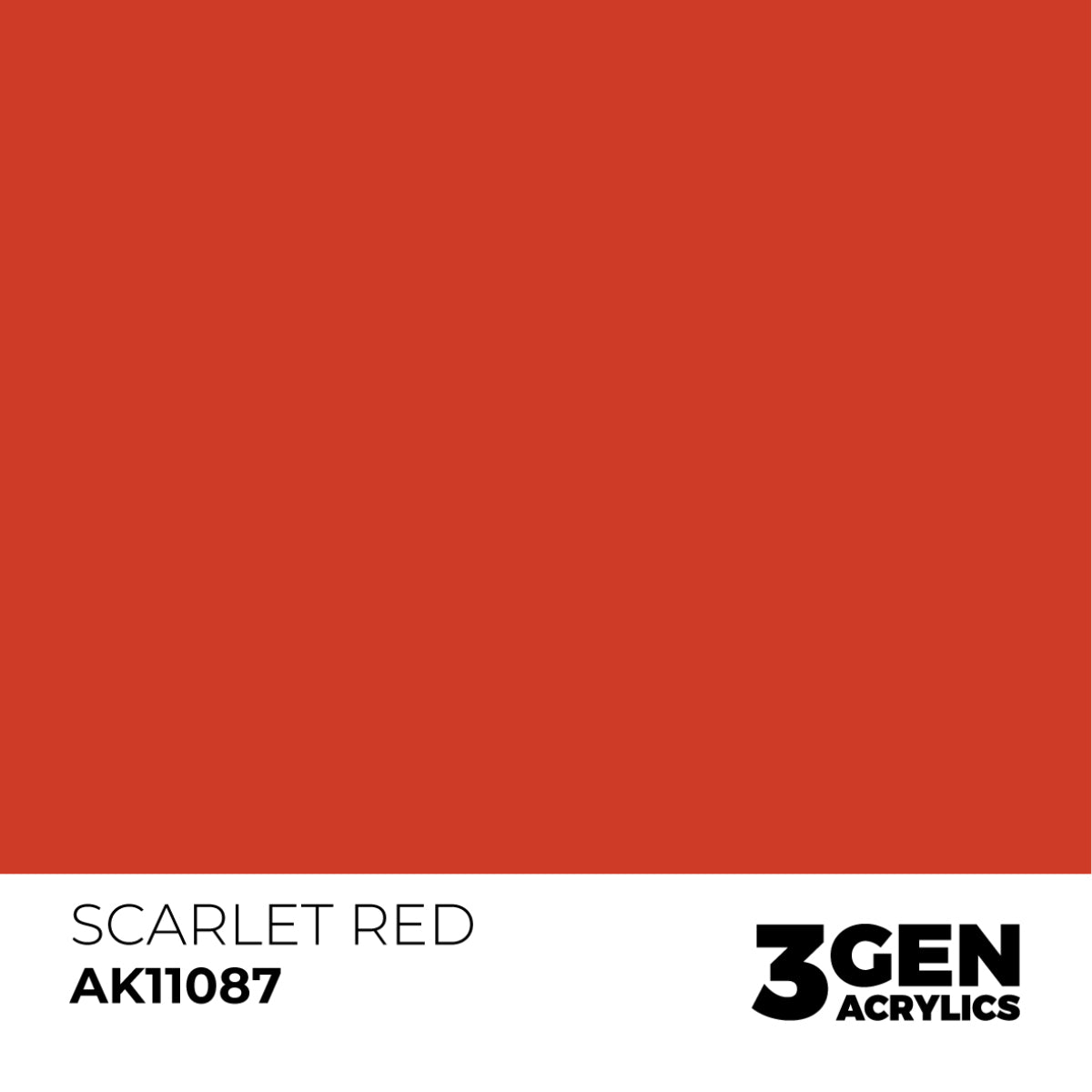 A solid scarlet red color swatch, labeled "SCARLET RED AK11087" for 3GEN ACRYLICS