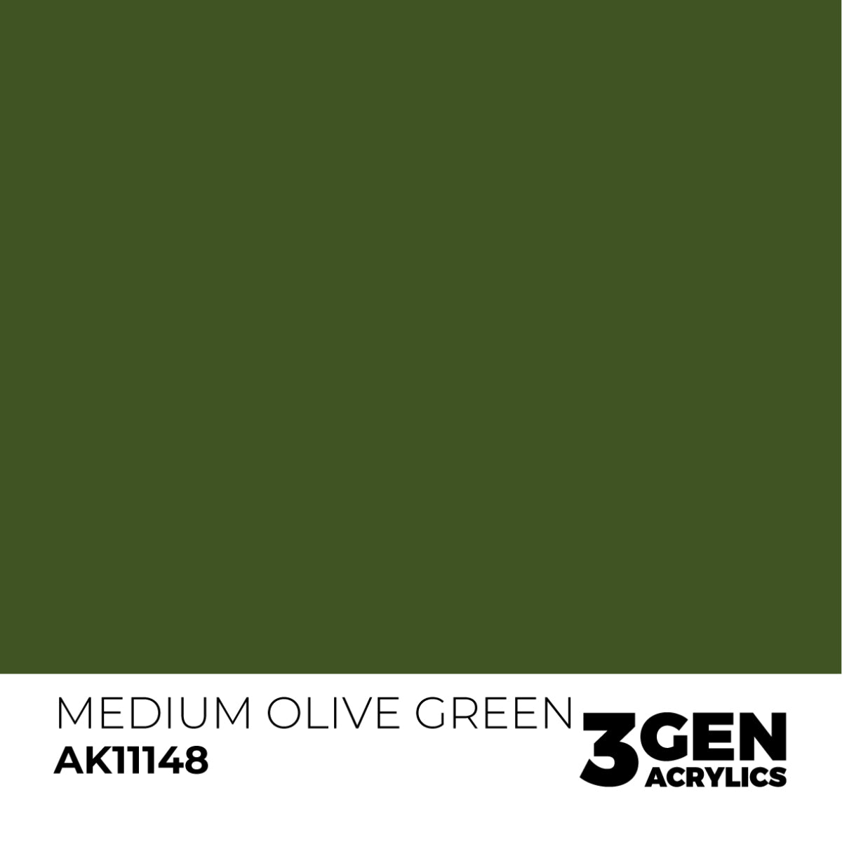 A medium olive green color swatch. Below, text reads: 'MEDIUM OLIVE GREEN AK11148 3GEN ACRYLICS'
