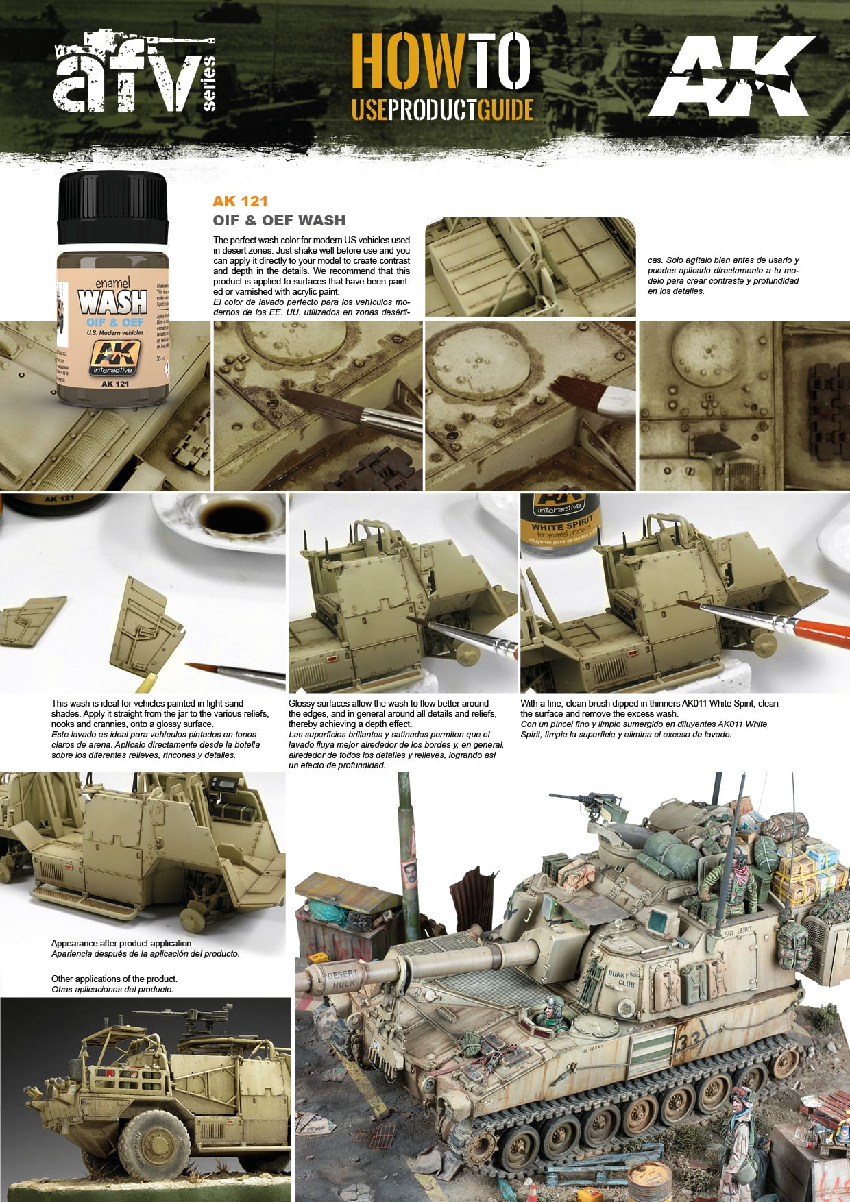Multi-panel guide on weathering a tan military tank model with washes, showing steps from product application to finished, dusty detail
