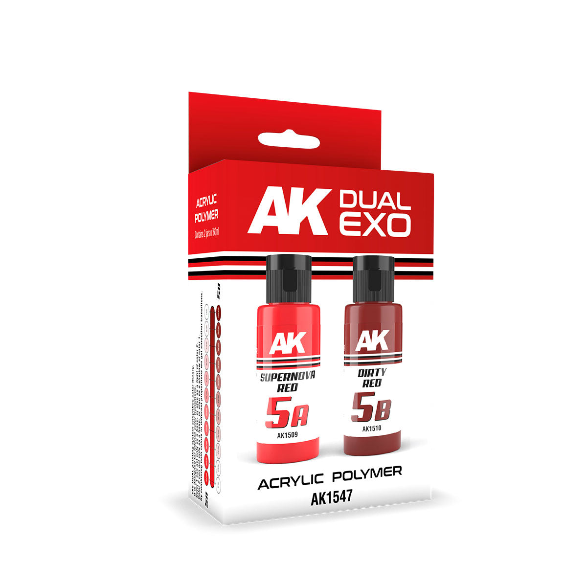 AK Interactive DUAL EXO acrylic paint set in a red box, featuring bright Supernova Red and dark Dirty Red bottles