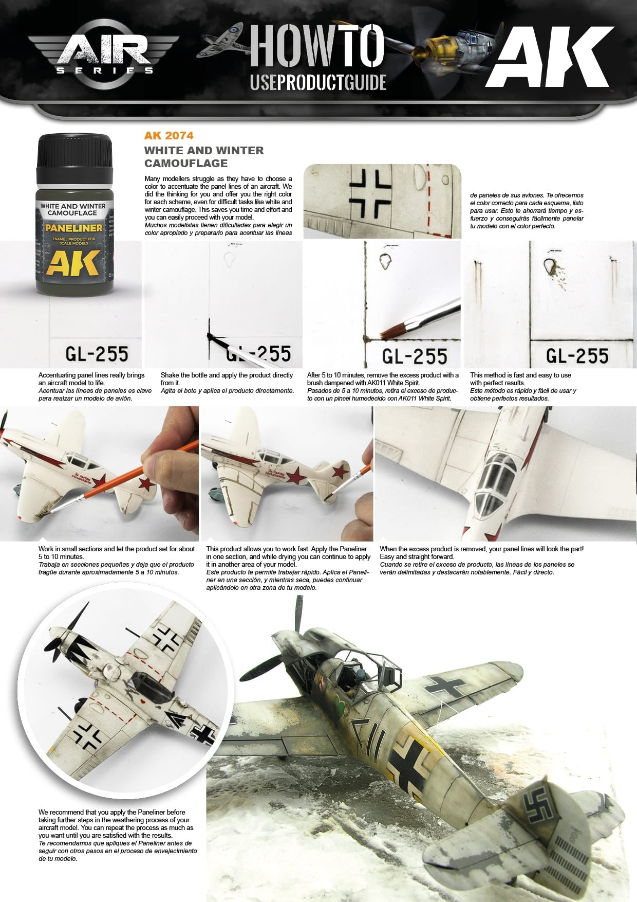 AK Paneliner product guide demonstrates applying dark wash to a white model airplane's panel lines