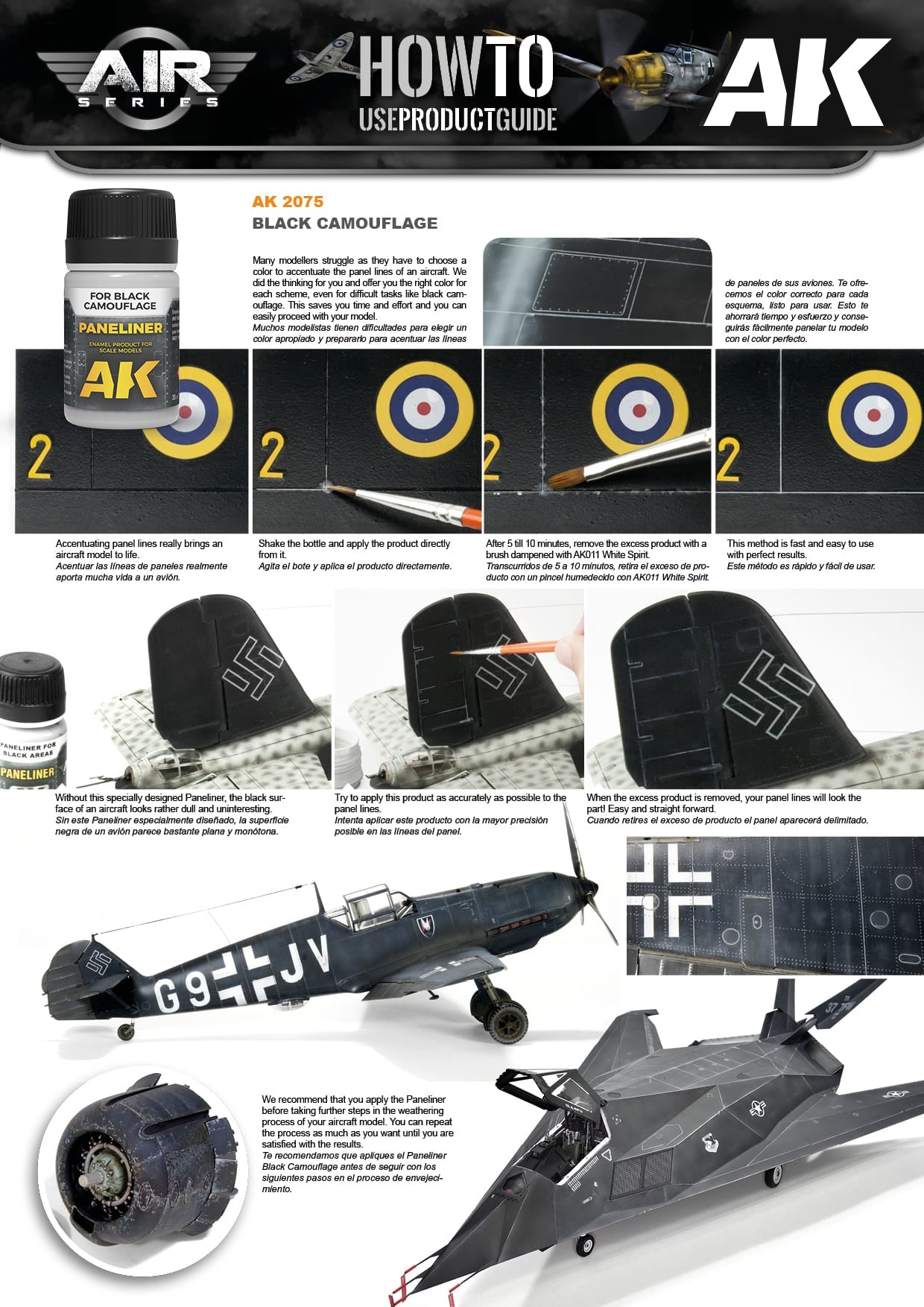 AK Interactive guide demonstrating panel liner application on scale model aircraft, highlighting surface details