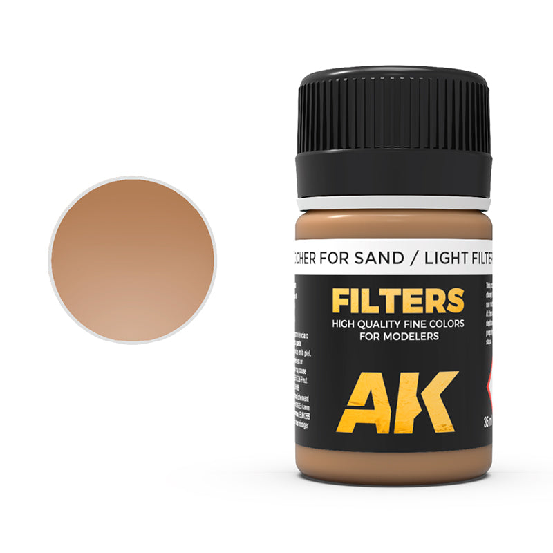 Light brown AK Interactive modeling filter bottle with 'For Sand / Light Filter' label and matching color swatch