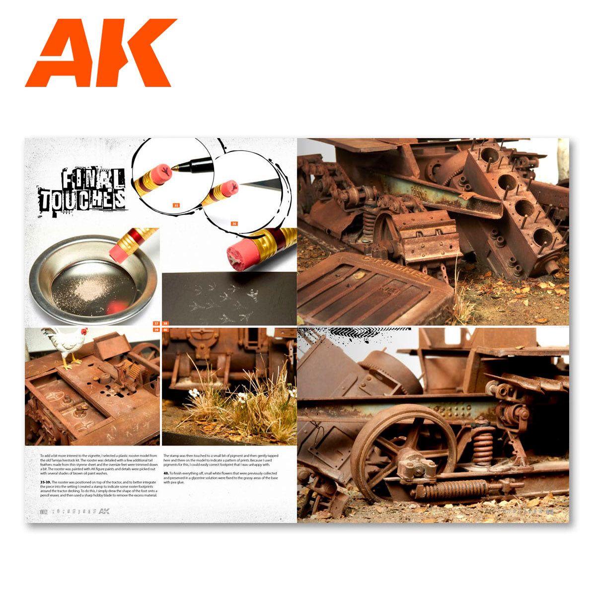 Collage of model weathering techniques: a pencil eraser applies pigments for rust and dirt effects on highly detailed model vehicles.
