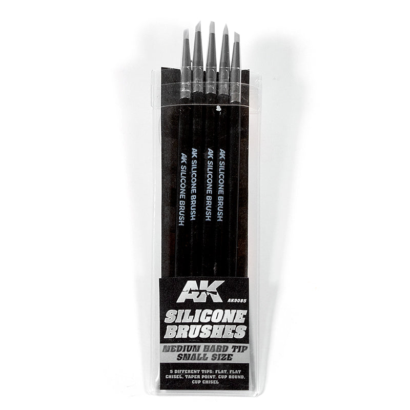 A set of 5 AK small - medium-hard silicone brushes with varied light tips - packaged in clear plastic