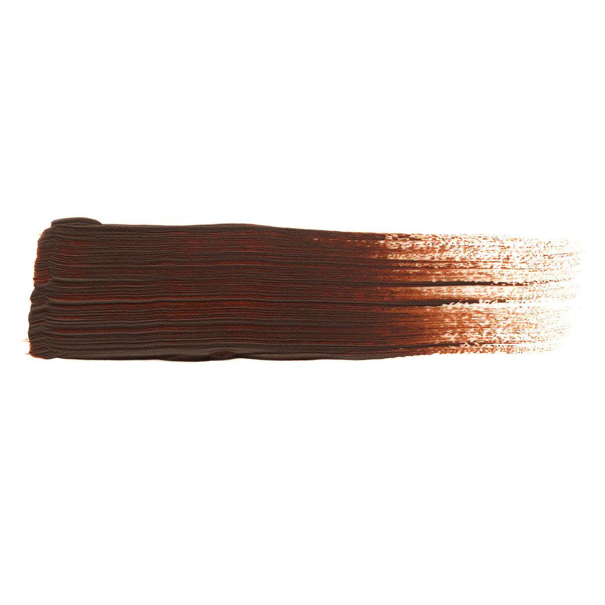 A textured dark brown horizontal brushstroke, dense on the left, fading into lighter marks on white