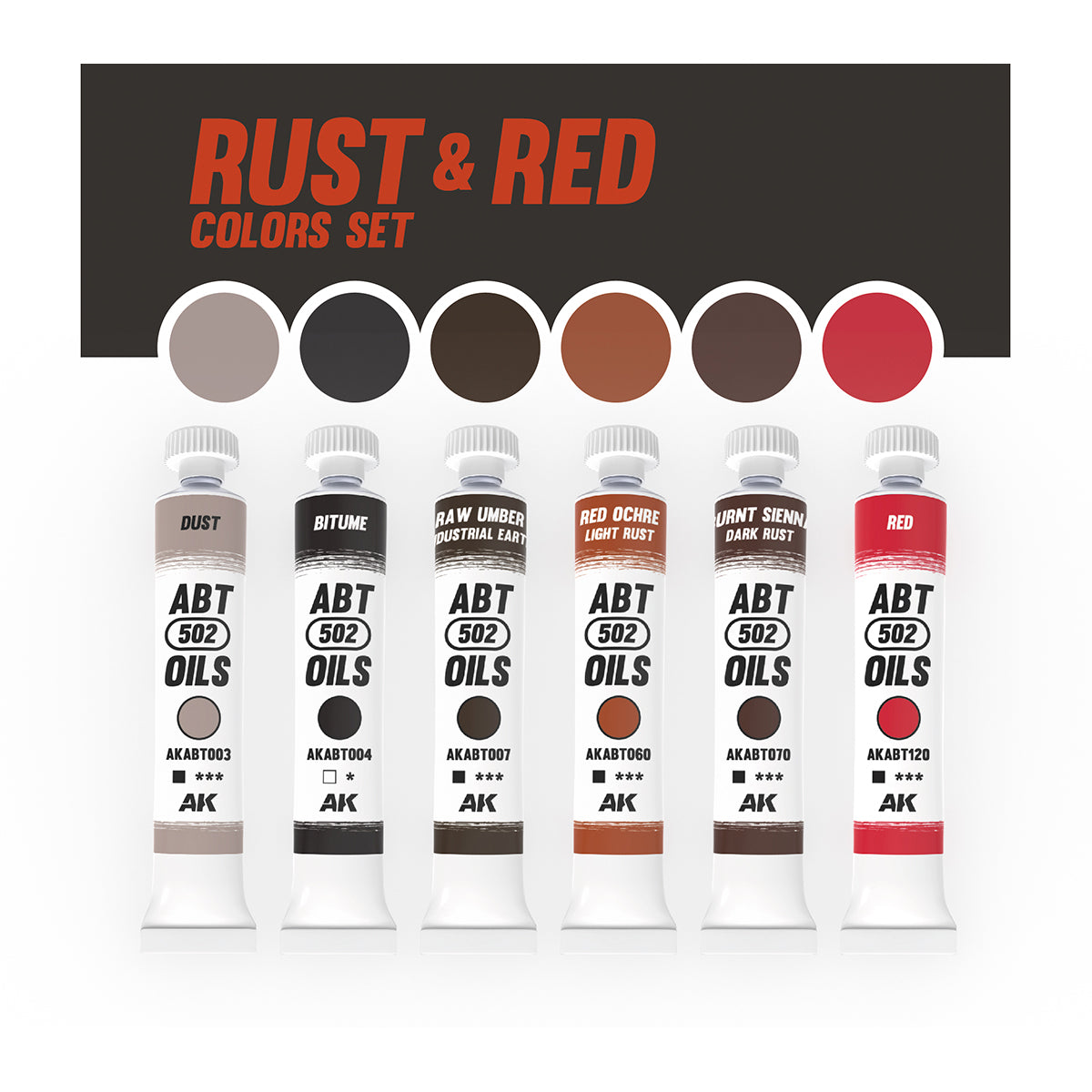 Six tubes of ABT 502 Oils from the "Rust & Red Colors Set," displaying various earth and red tones