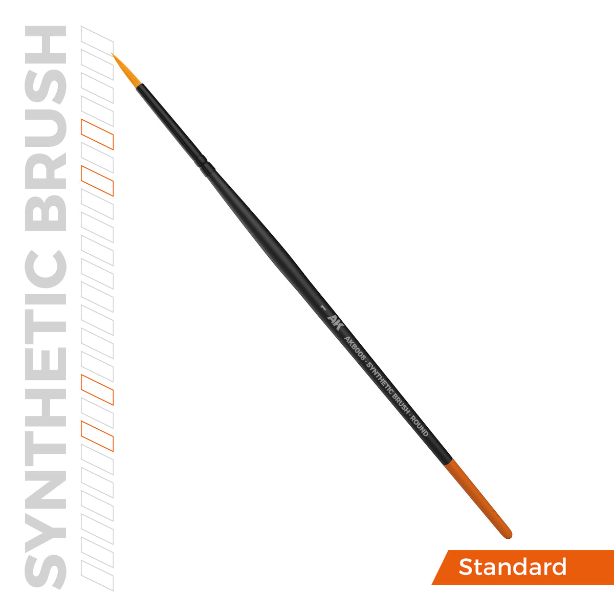AKB008 synthetic round paint brush by AK with black handle, orange bristles & handle end, on white
