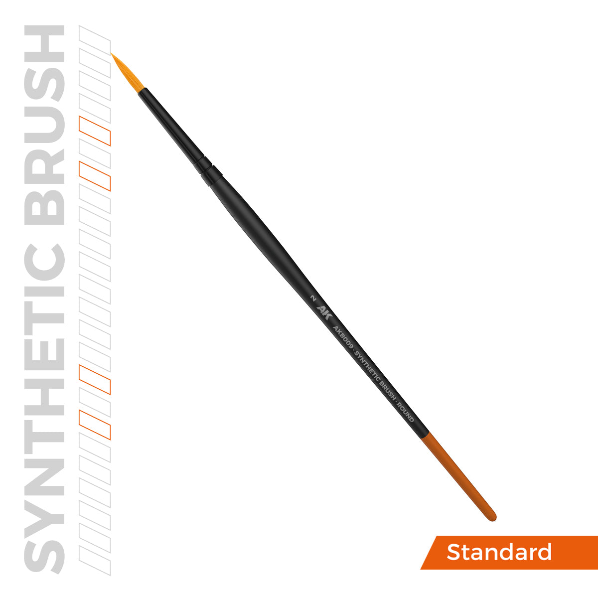 A synthetic No. 2 round paint brush with a black handle and orange bristles, shown diagonally