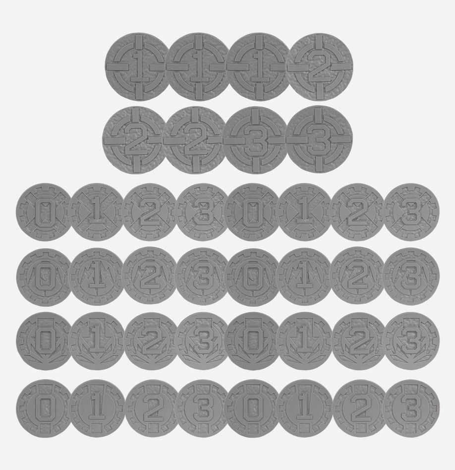 Gray circular gaming tokens with embossed numbers 0-3 and cross/target symbols