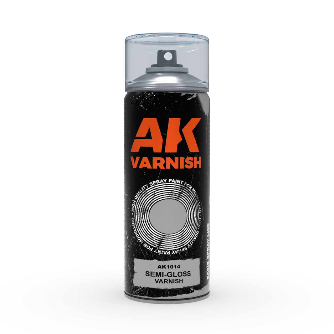 Black aerosol can of AK1014 Semi-Gloss Varnish, featuring an orange AK logo and clear cap