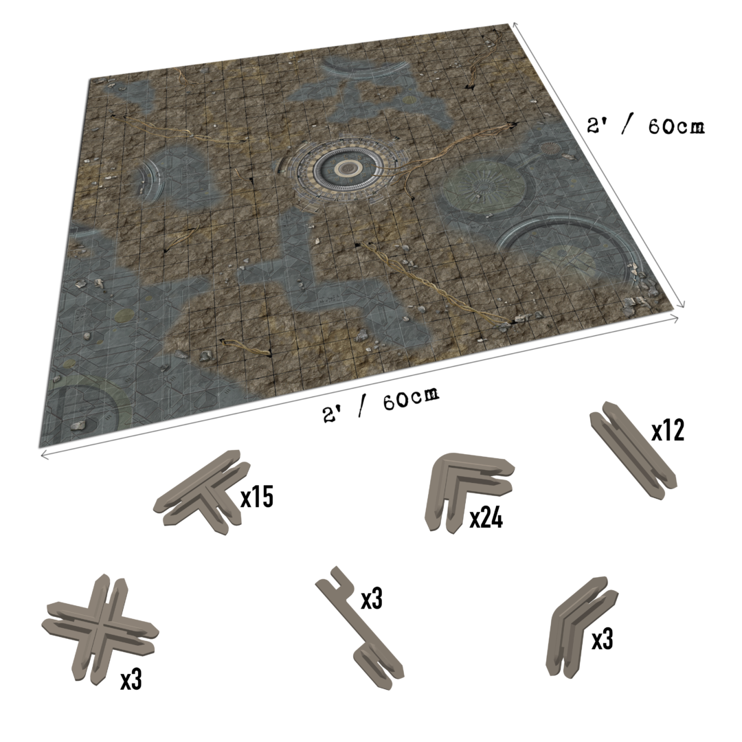 Gridded game map with a central circular ruin, plus various modular terrain pieces for tabletop setup.