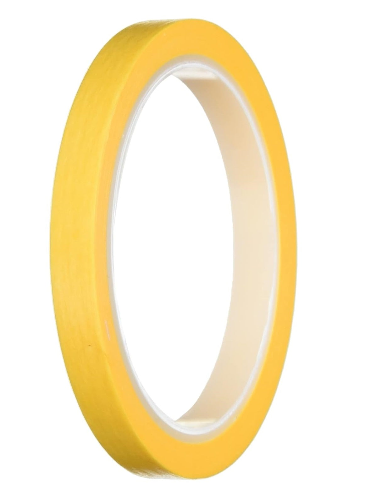 A yellow roll of fine line tape, or masking tape, on a white background.