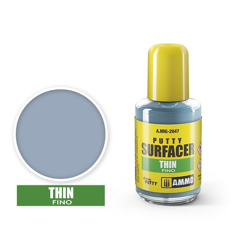A clear bottle of light blue-grey Ammo Thin Putty Surfacer, with a yellow cap and a matching circular color swatch.