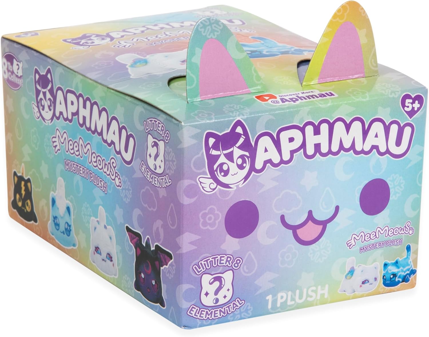 Colorful Aphmau MeeMeows Mystery Plush box with cat ears on top, showing collectible cat designs