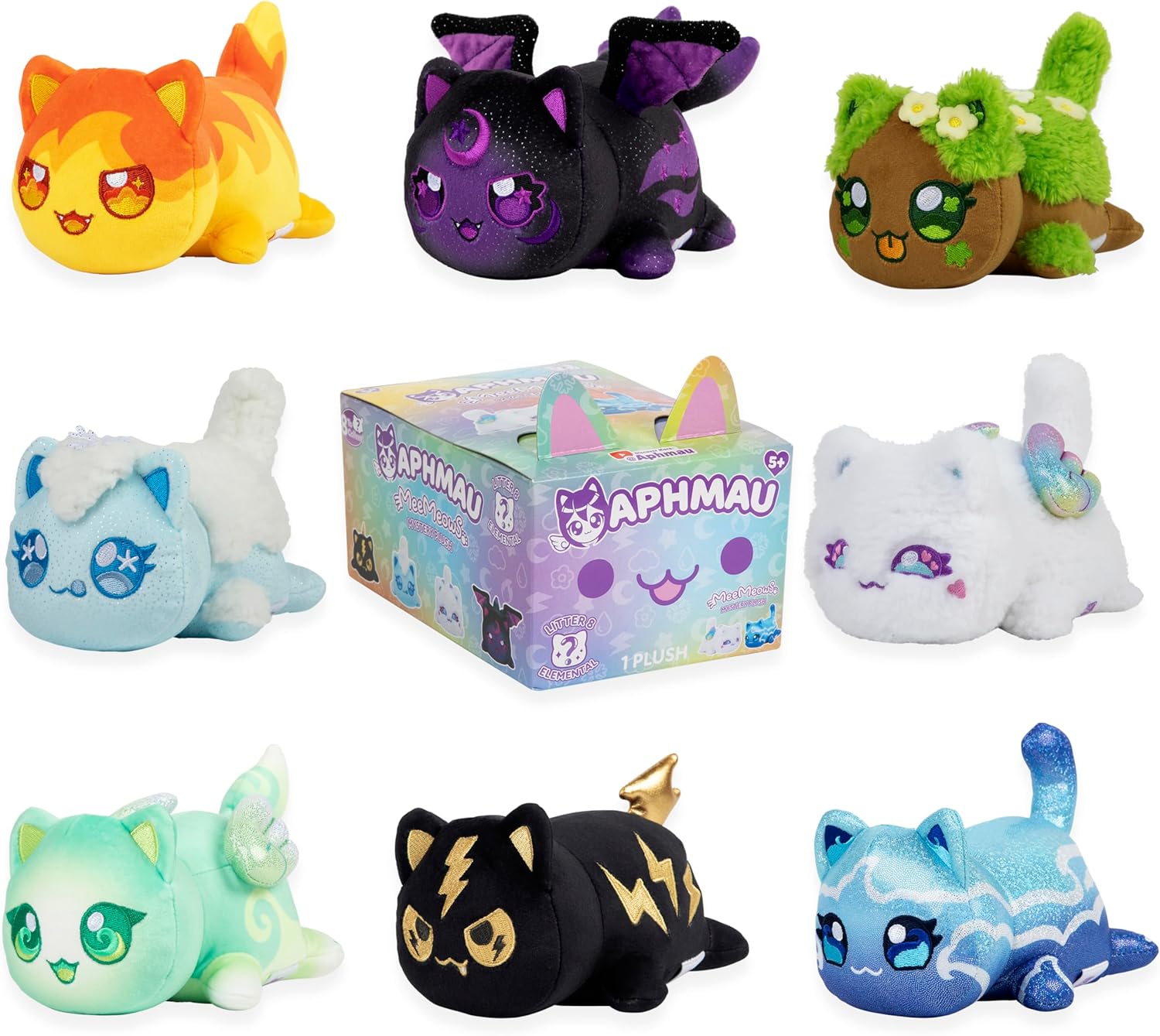 Eight unique Aphmau MeeMeows cat plushies, featuring elemental and fantasy designs, arranged around their branded mystery box